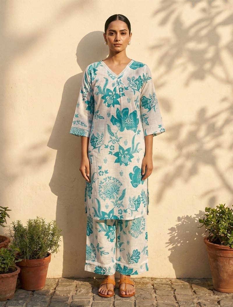 trueBrowns White Blue Floral Print Kurta Pant Set - Image 1